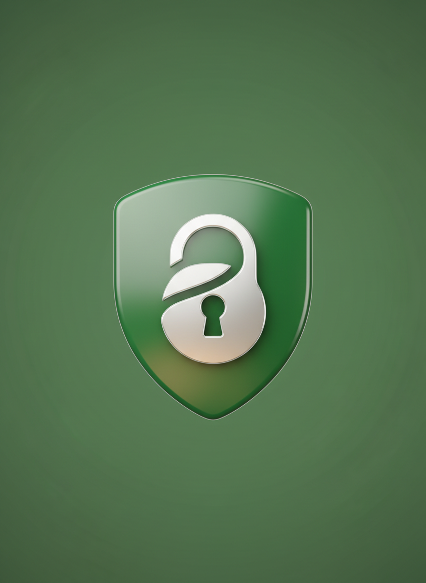 A glistening, emerald green shield-shaped icon embossed with a delicate silver lock, representing security and protection, stands alone on a seamless matte green background. The shield’s reflective surfaces catch soft, diffused daylight pouring in from above, creating subtle gradients and gentle highlights along its curves. There are no harsh edges—every aspect is smooth and modern, suggesting reliability and trust. The setting is minimal, uncluttered, and intentionally sparse for maximum focus, with a centralized composition and shallow depth of field to draw attention directly to the shield. The overall mood is calm, reassuring, and modern, perfectly suited for a trustworthy life and health insurance consultancy website.