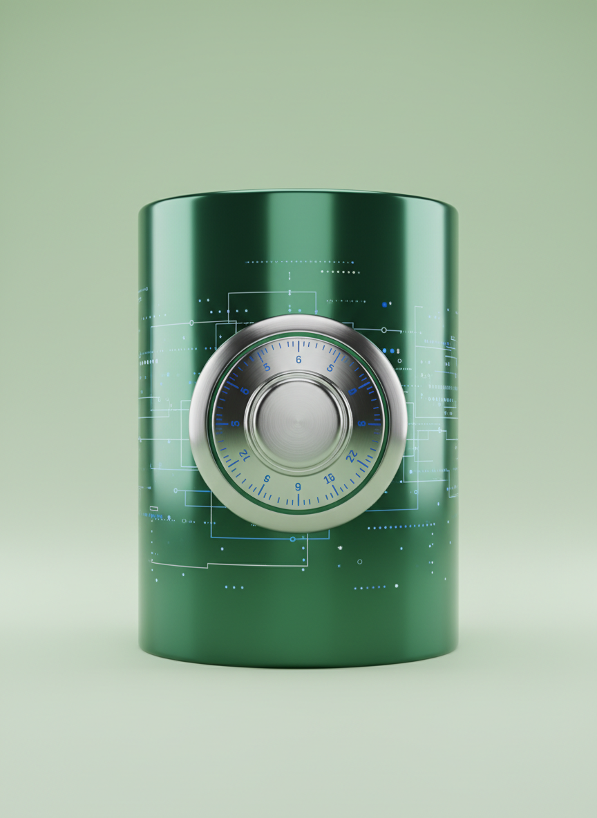 A polished, cylindrical green vault, its metallic sheen reflecting clean geometric shapes and dots symbolizing digital security, sits on a flat, pale green surface. The vault door is accentuated by an oversized, gleaming silver combination lock, and subtle highlights create depth and realism. Soft, indirect studio lighting casts smooth, even shadows that outline the form, emphasizing clarity and simplicity. Captured from a front-facing angle with a symmetric, centered composition and strong focus, the design leverages a minimalist yet modern aesthetic, reinforcing the website’s promise of safety, transparency, and state-of-the-art protection for clients.