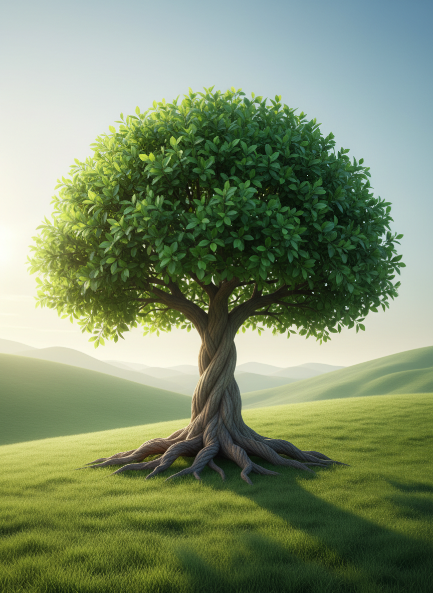 A symbolic, sturdy tree with interlocking, glossy green leaves and a thick, textured trunk rises from a gently sloping, healthy green landscape. The tree emerges in the foreground, its roots partially visible as though representing support and foundation. In the distance, gentle rolling hills continue the green color palette, fading into a misty, soft-focus background. Early morning light bathes the scene, casting long, graceful shadows across the ground and illuminating the leaves with a fresh vitality. The composition uses a slightly elevated, centered angle and a serene, clean modern visual approach to evoke growth, stability, and peace—core ideals for insurance and financial welfare.