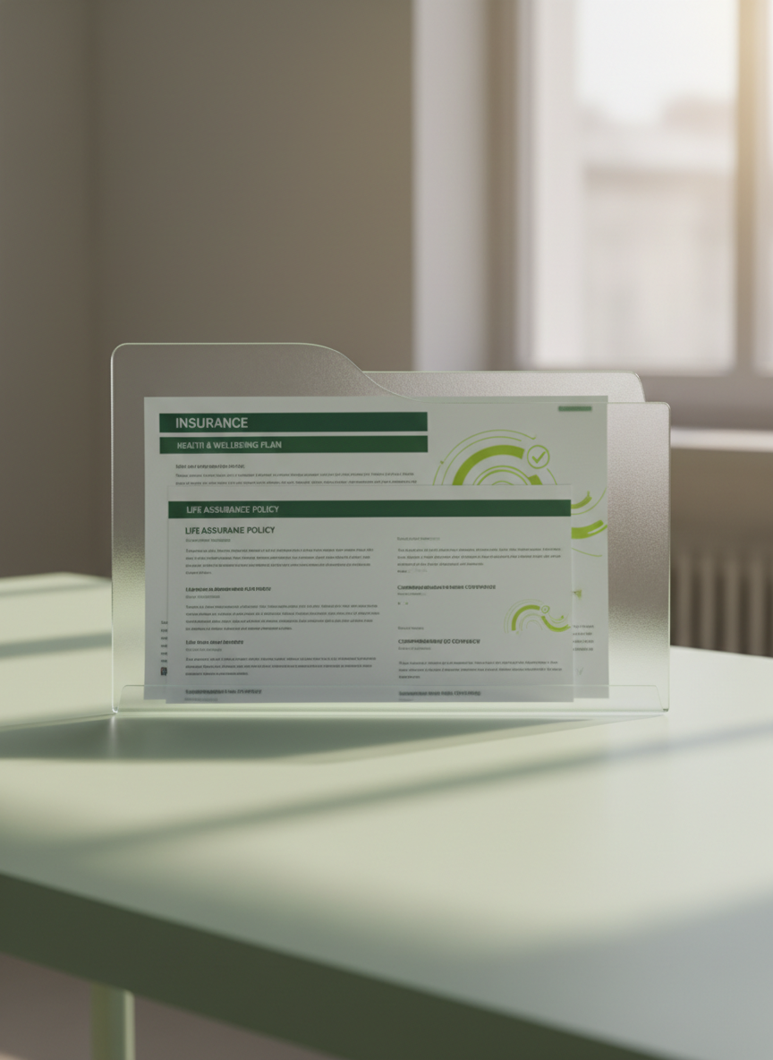 An elegant, transparent file folder made of frosted glass material, resting on a sleek, pale green desk. Inside the folder, realistic mock insurance documents peek out, featuring fine print and green accents to suggest life and health coverage. The backdrop is softly illuminated by indirect natural sunlight, creating soothing, diffuse lighting that arcs across both desktop and folder, casting delicate, blurred shadows. The overall composition is captured from an eye-level angle with a sharp focus on the folder, allowing surrounding elements to lightly blur. Modern, minimalist, and sophisticated in style, the image instantly communicates organization, transparency, and professionalism without any human elements.